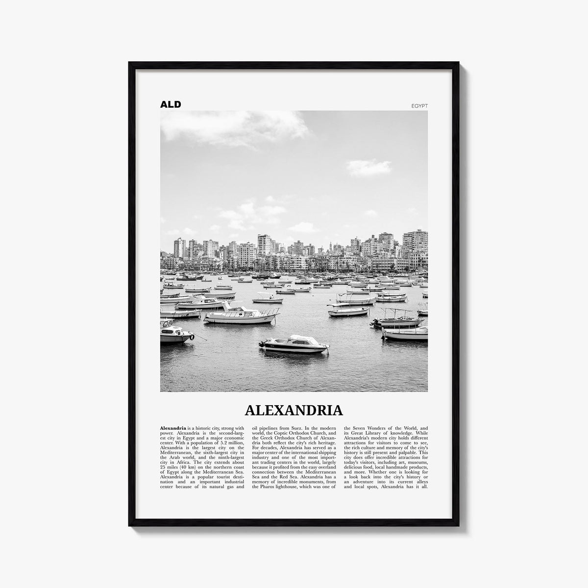 Alexandria, Egypt black & white newspaper poster of Egypt – vertical wall art, unframed print shown in interior mockup