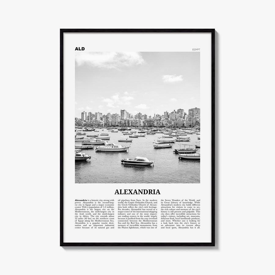 Alexandria, Egypt black & white newspaper poster of Egypt – vertical wall art, unframed print shown in interior mockup