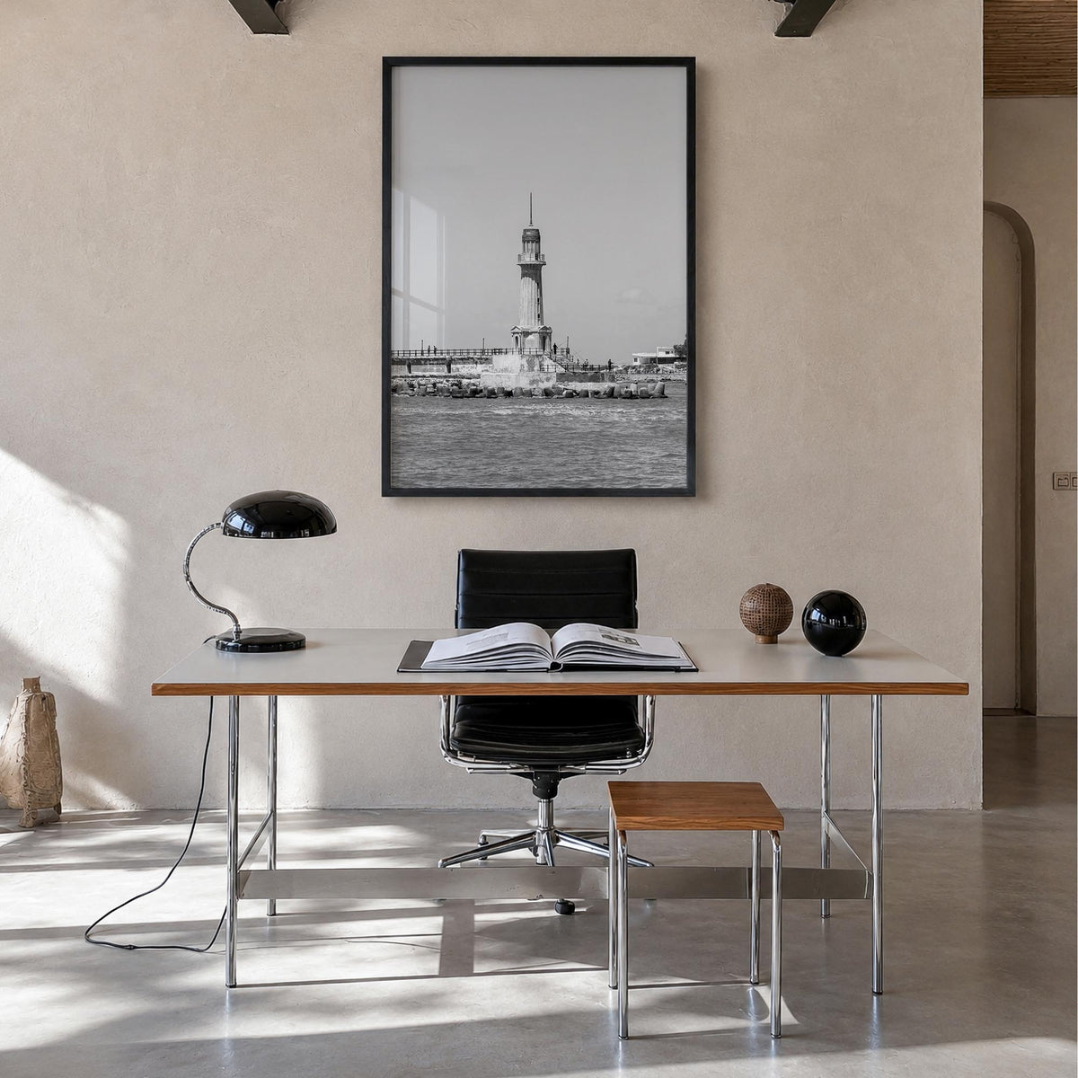 Alexandria, Egypt black & white photo poster of Egypt – vertical wall art in black wood frame, hanging on wall