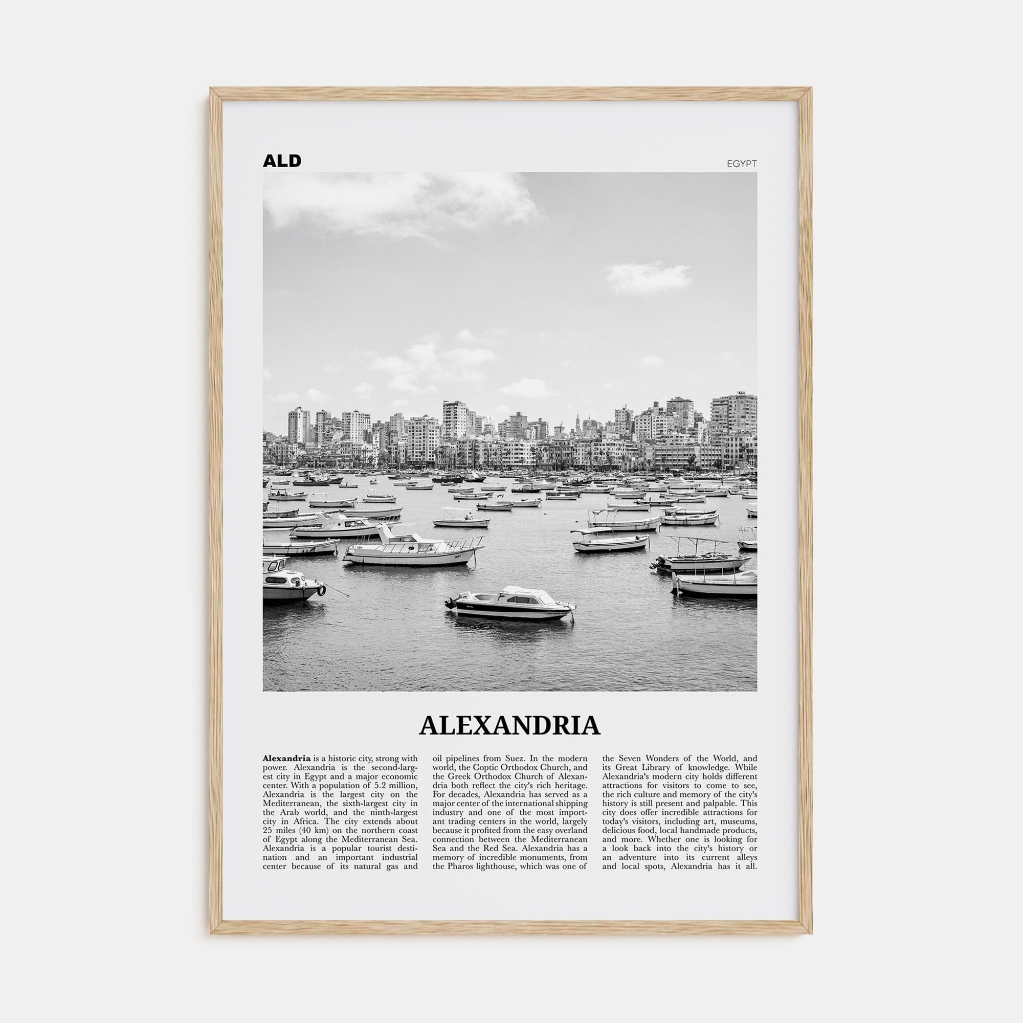 Alexandria, Egypt Poster Natural Wood / 8x12 in Nbourhood Travel B&W Poster