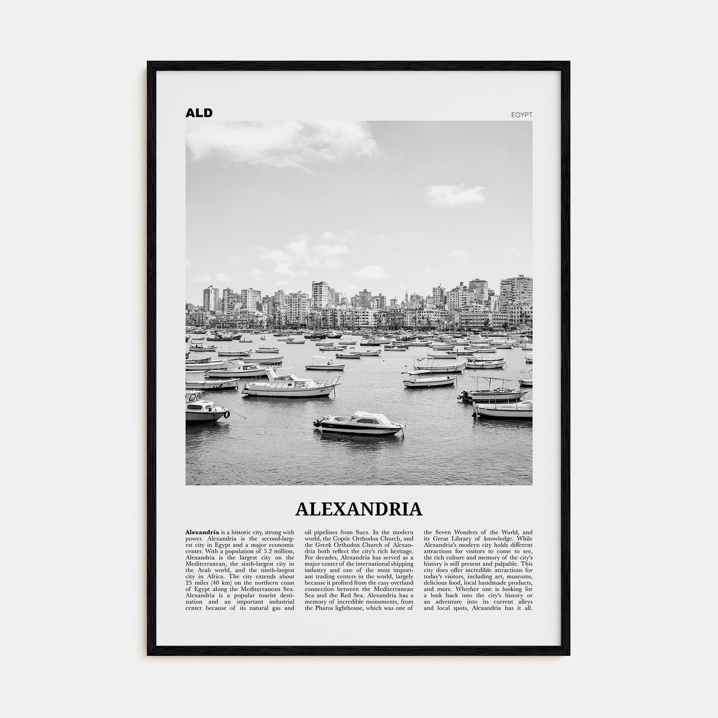 Alexandria, Egypt Poster Black Wood / 8x12 in Nbourhood Travel B&W Poster