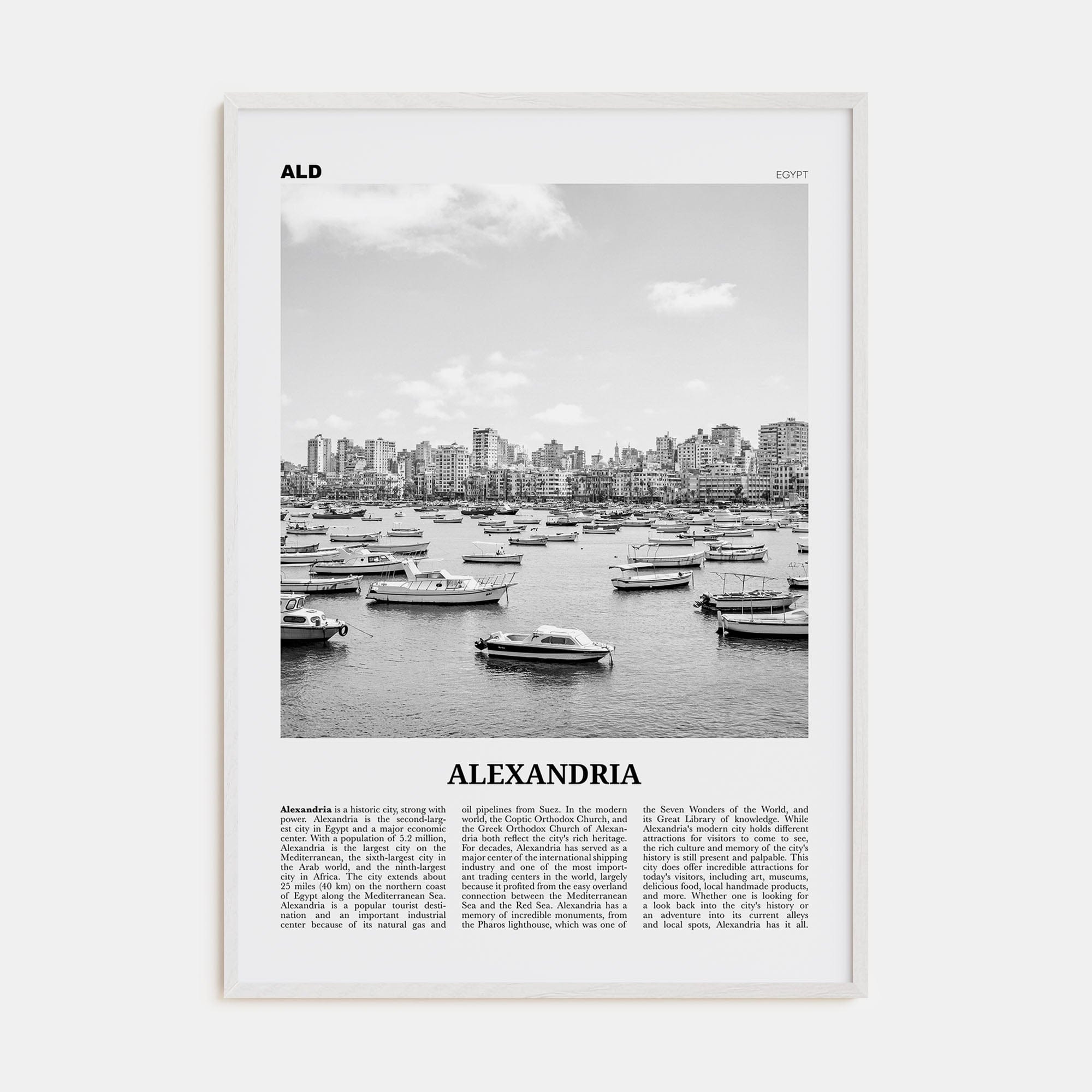 Alexandria, Egypt Poster White Wood / 8x12 in Nbourhood Travel B&W Poster