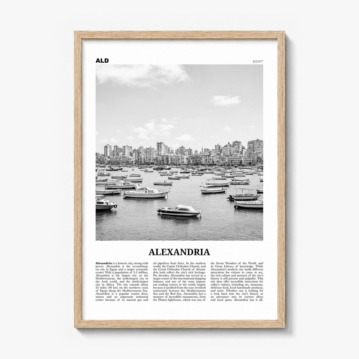 Alexandria, Egypt Newspaper Poster in a natural wood frame