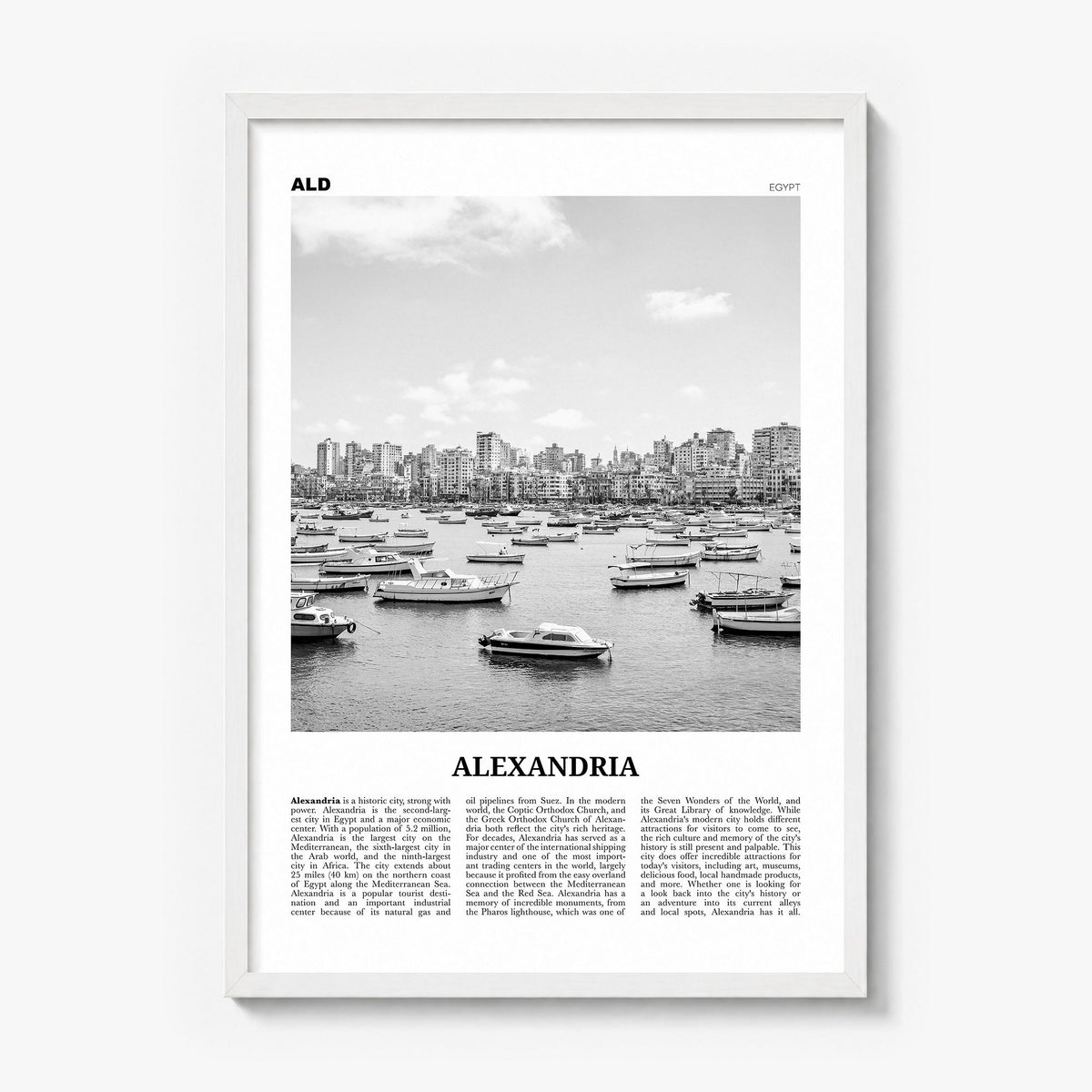 Alexandria, Egypt Newspaper Poster in a white wood frame