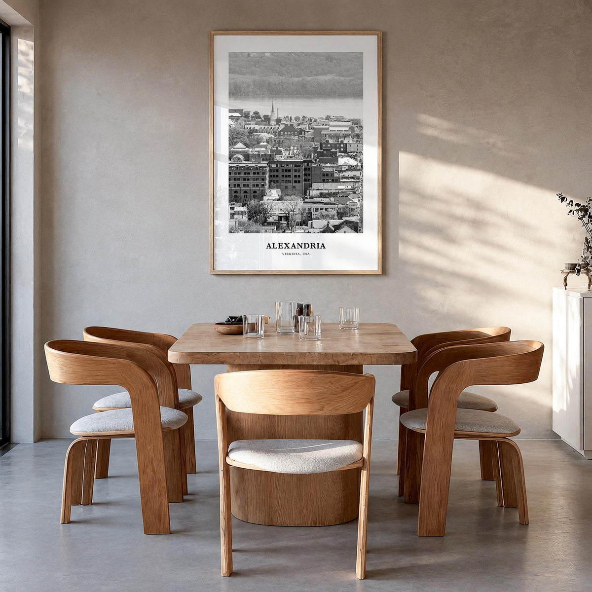 Alexandria, Virginia black & white classic poster of Virginia, USA – vertical wall art in natural wood frame, hanging on wall