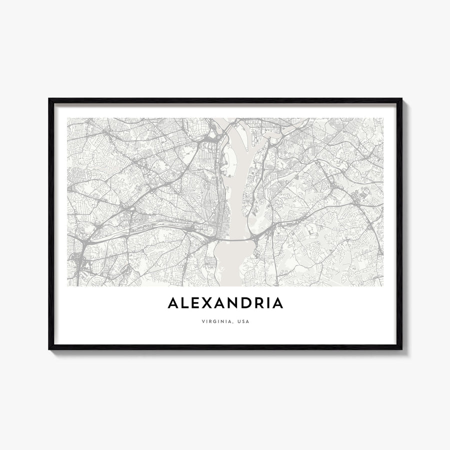 Alexandria, Virginia black & white map poster of Virginia, USA – horizontal wall art, unframed print shown in interior mockup