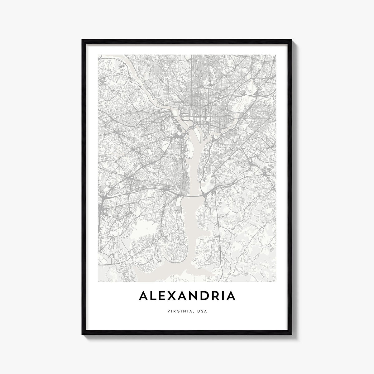 Alexandria, Virginia black & white map poster of Virginia, USA – vertical wall art, unframed print shown in interior mockup