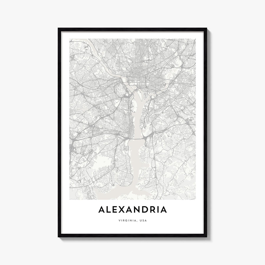 Alexandria, Virginia black & white map poster of Virginia, USA – vertical wall art, unframed print shown in interior mockup