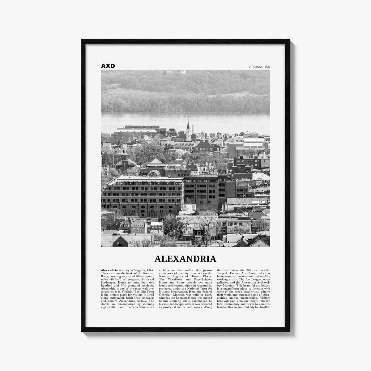 Alexandria, Virginia black & white newspaper poster of Virginia, USA – vertical wall art, unframed print shown in interior mo