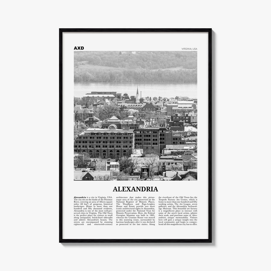 Alexandria, Virginia black & white newspaper poster of Virginia, USA – vertical wall art, unframed print shown in interior mo
