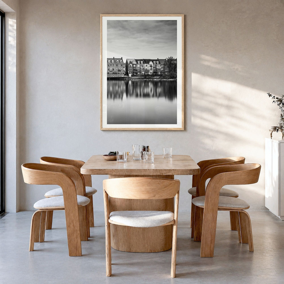 Alexandria, Virginia Photo Poster in a natural wood frame, hanging in a dining room, white border