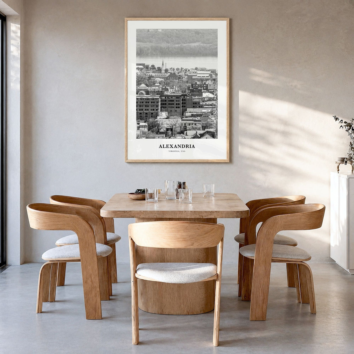 Alexandria, Virginia Classic Poster in a natural wood frame, hanging in a dining room