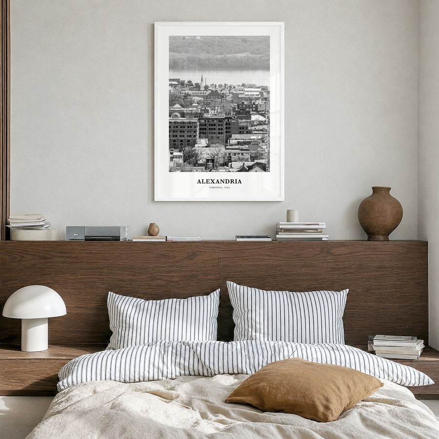 Alexandria, Virginia Classic Poster in a white wood frame, hanging in a bedroom
