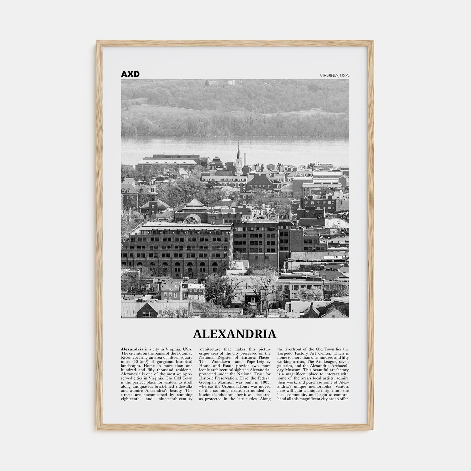 Alexandria, Virginia Poster Natural Wood / 8x12 in Nbourhood Travel B&W Poster