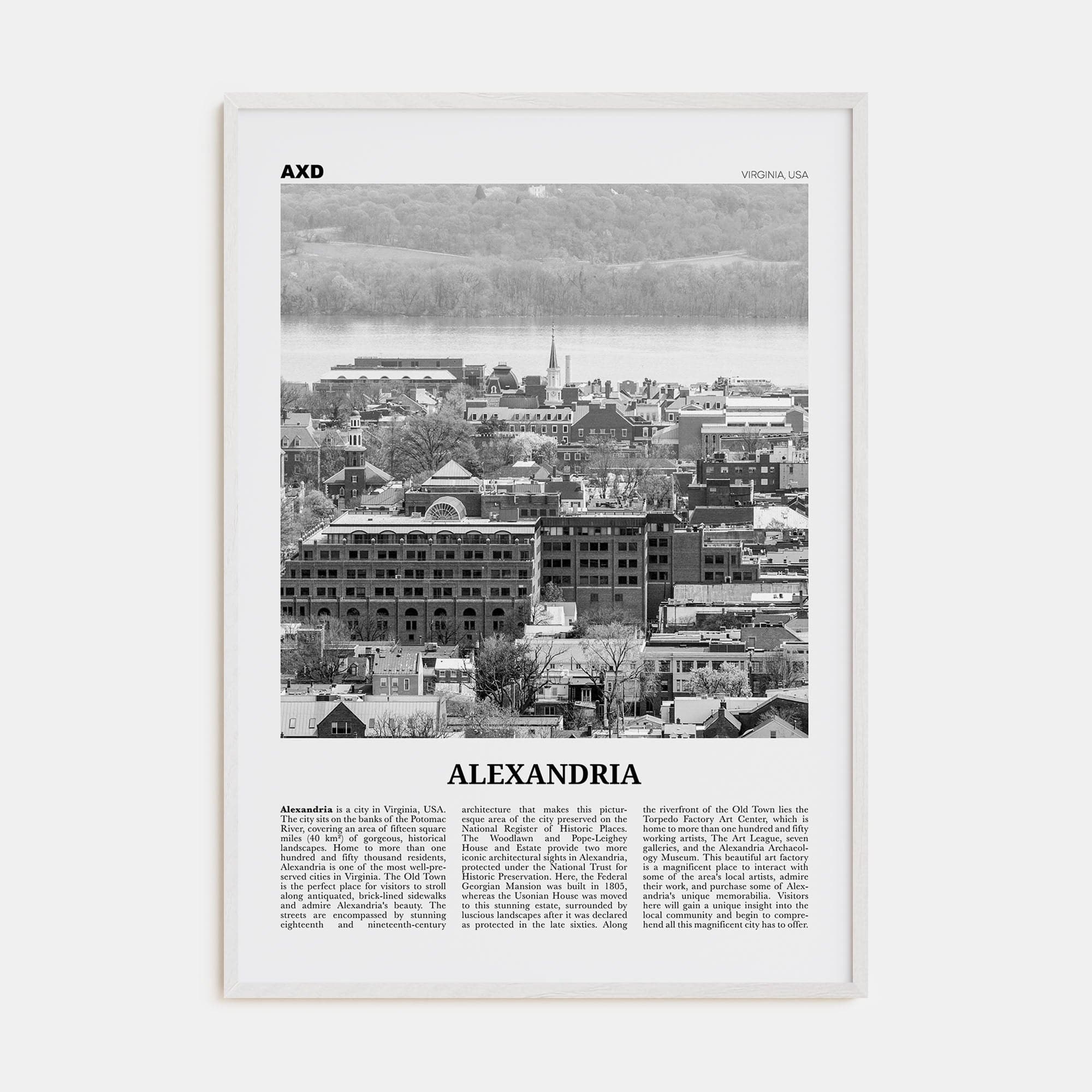 Alexandria, Virginia Poster White Wood / 8x12 in Nbourhood Travel B&W Poster