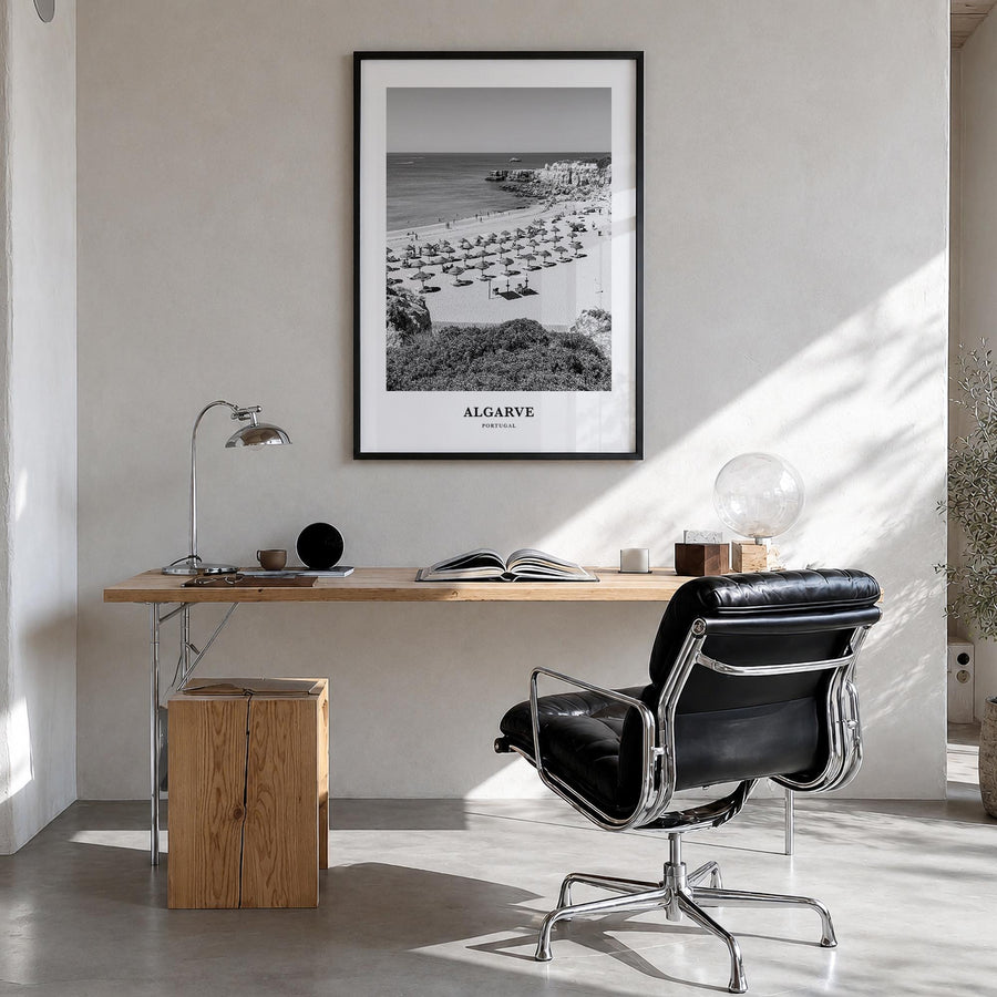 Algarve black & white classic poster of Portugal – vertical wall art in black wood frame, hanging on wall