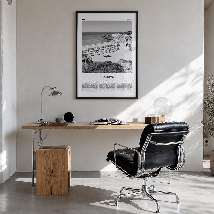 Algarve black & white newspaper poster of Portugal – vertical wall art in black wood frame, hanging on wall
