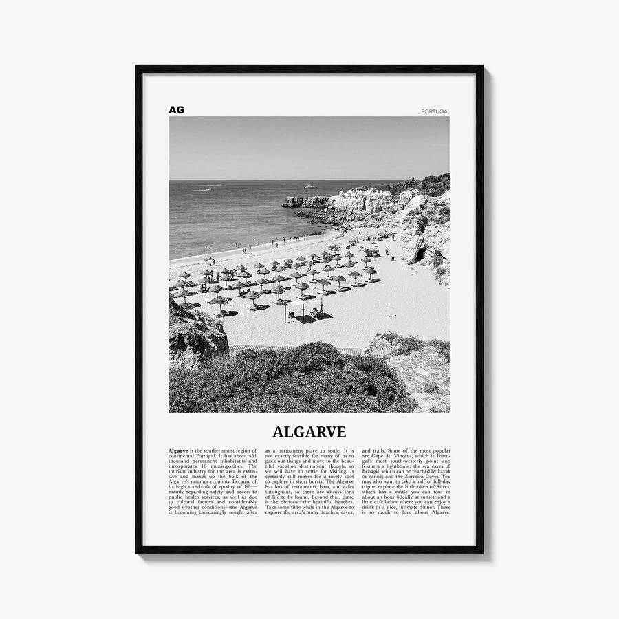 Algarve black & white newspaper poster of Portugal – vertical wall art, unframed print shown in interior mockup