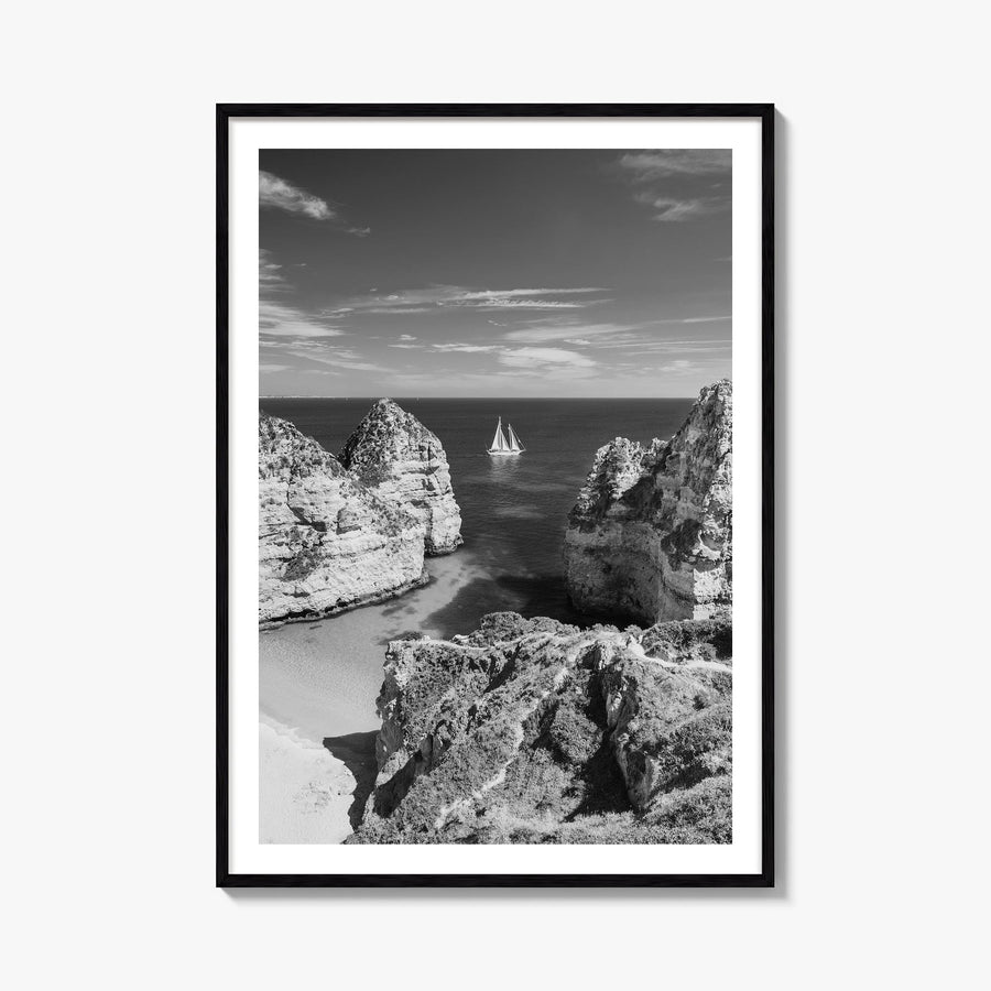 Algarve black & white photo poster of Portugal – vertical wall art, unframed print shown in interior mockup