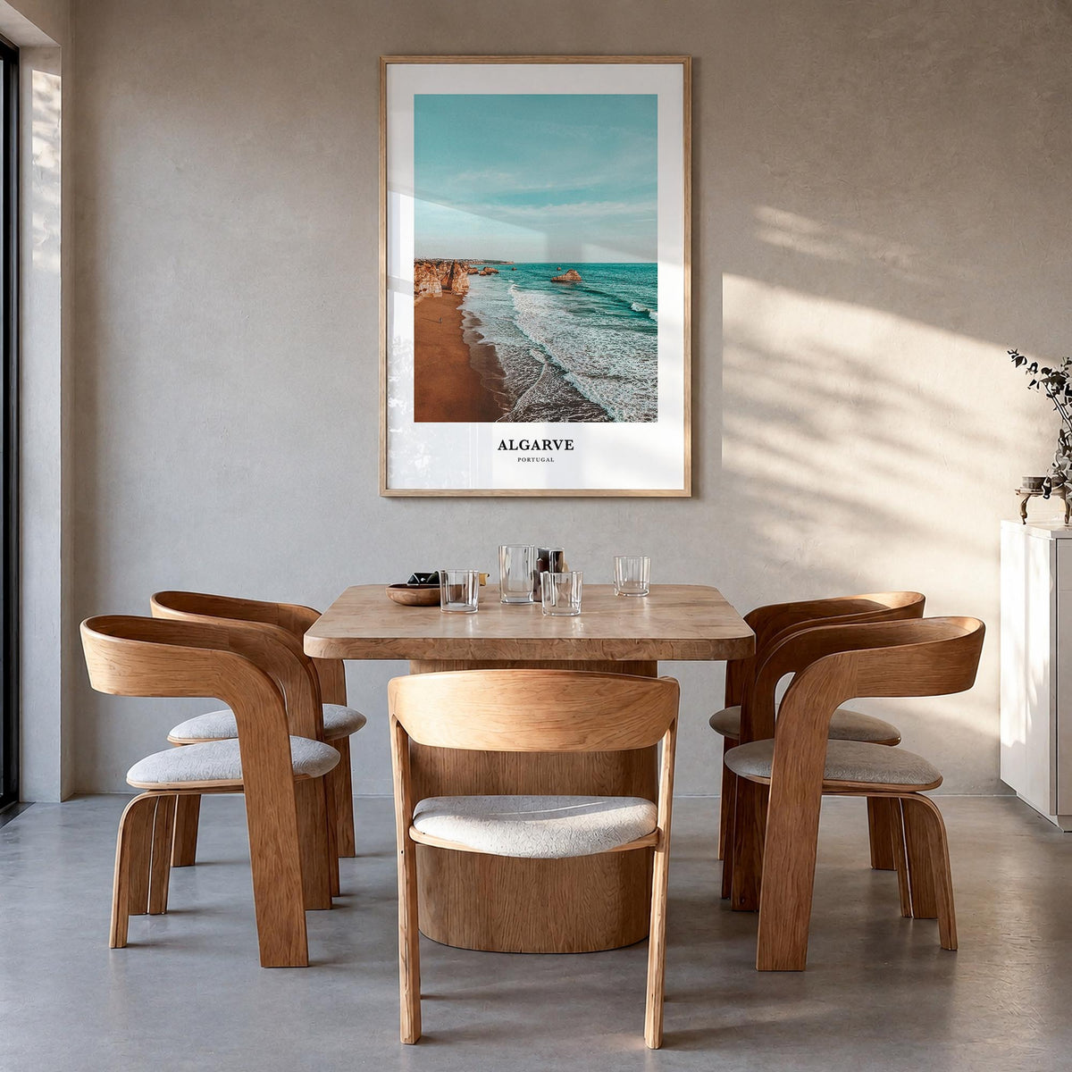 Algarve colorful classic poster of Portugal – vertical wall art in natural wood frame, hanging on wall