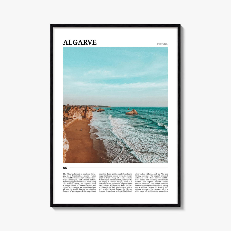 Algarve colorful travel poster of Portugal – vertical wall art, unframed print shown in interior mockup