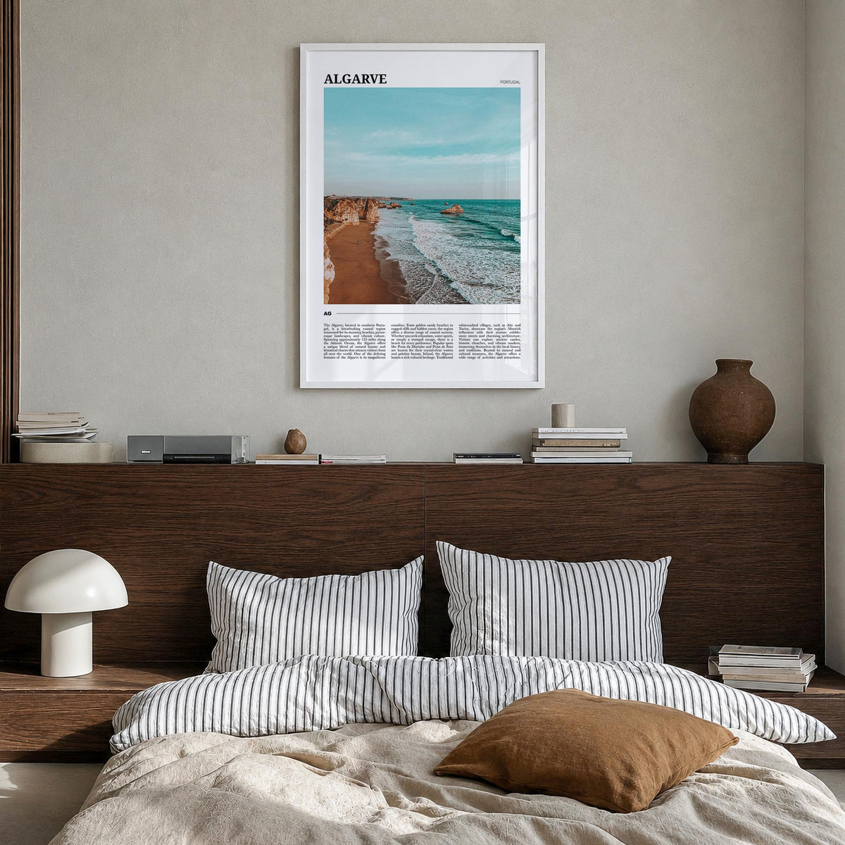 Algarve colorful travel poster of Portugal – vertical wall art in white wood frame, hanging on wall