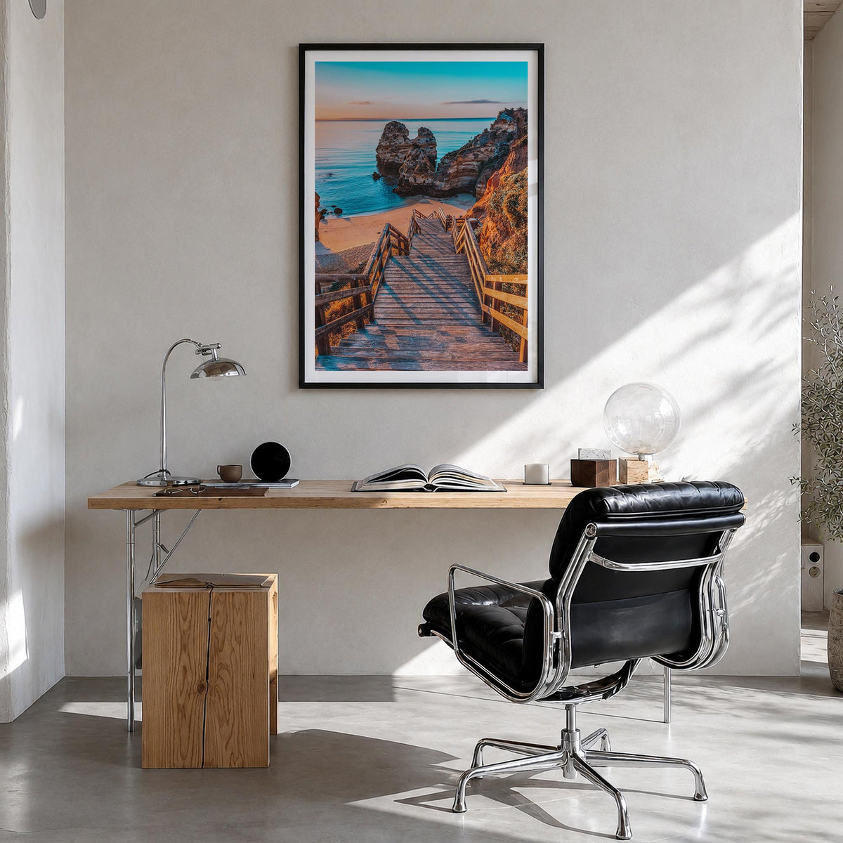 Algarve no. 2 colorful photo poster of Portugal – vertical wall art in black wood frame with white border, hanging on wall