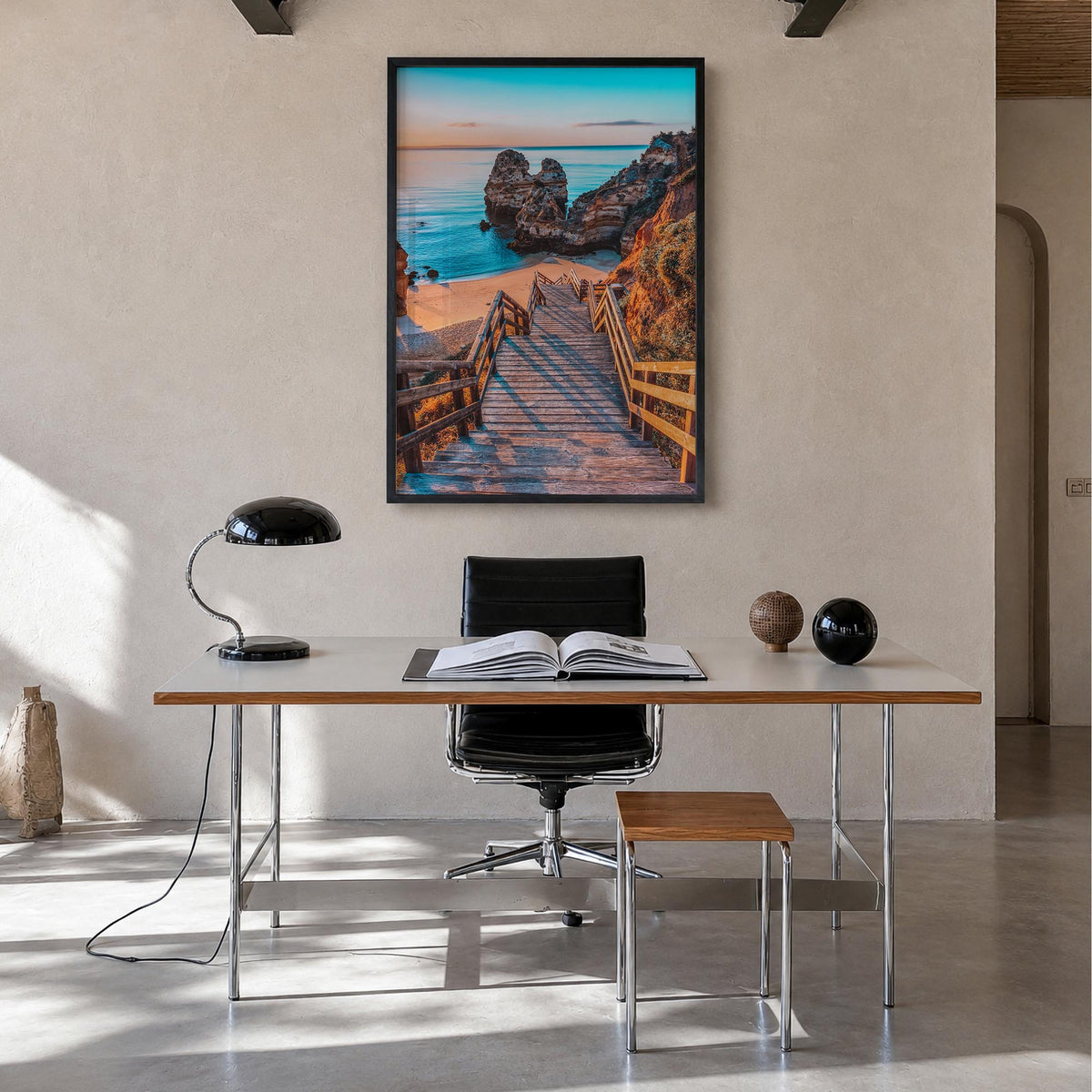 Algarve no. 2 colorful photo poster of Portugal – vertical wall art in black wood frame, hanging on wall