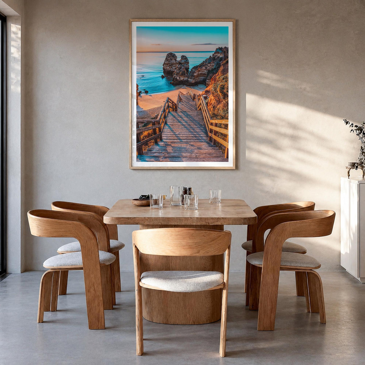 Algarve no. 2 colorful photo poster of Portugal – vertical wall art in natural wood frame with white border, hanging on wall