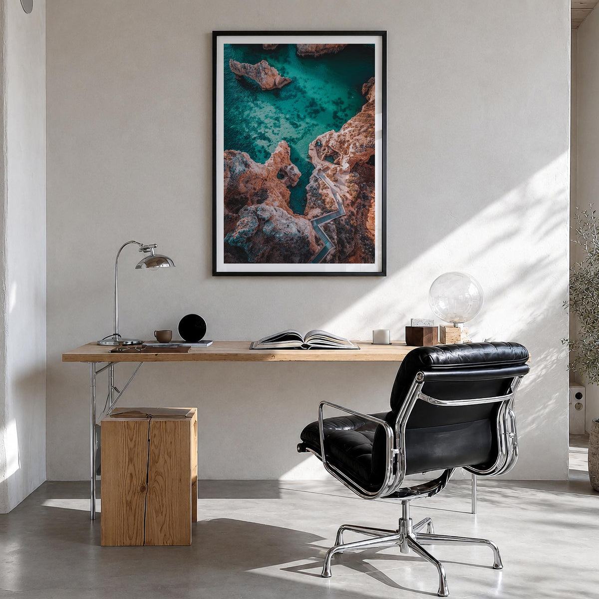 Algarve no. 1 colorful photo poster of Portugal – vertical wall art in black wood frame with white border, hanging on wall