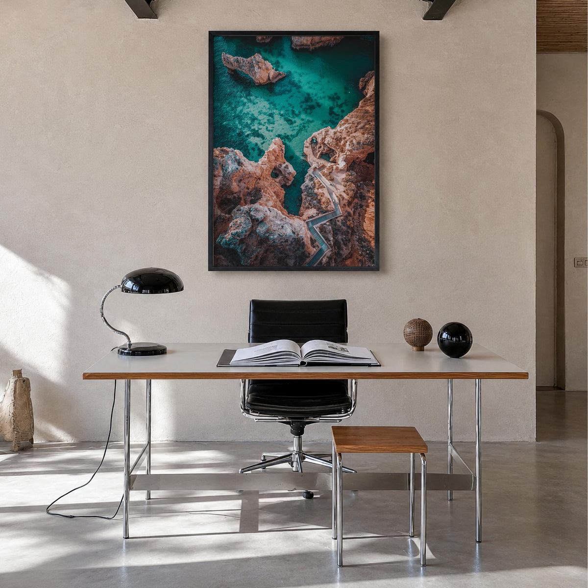 Algarve no. 1 colorful photo poster of Portugal – vertical wall art in black wood frame, hanging on wall
