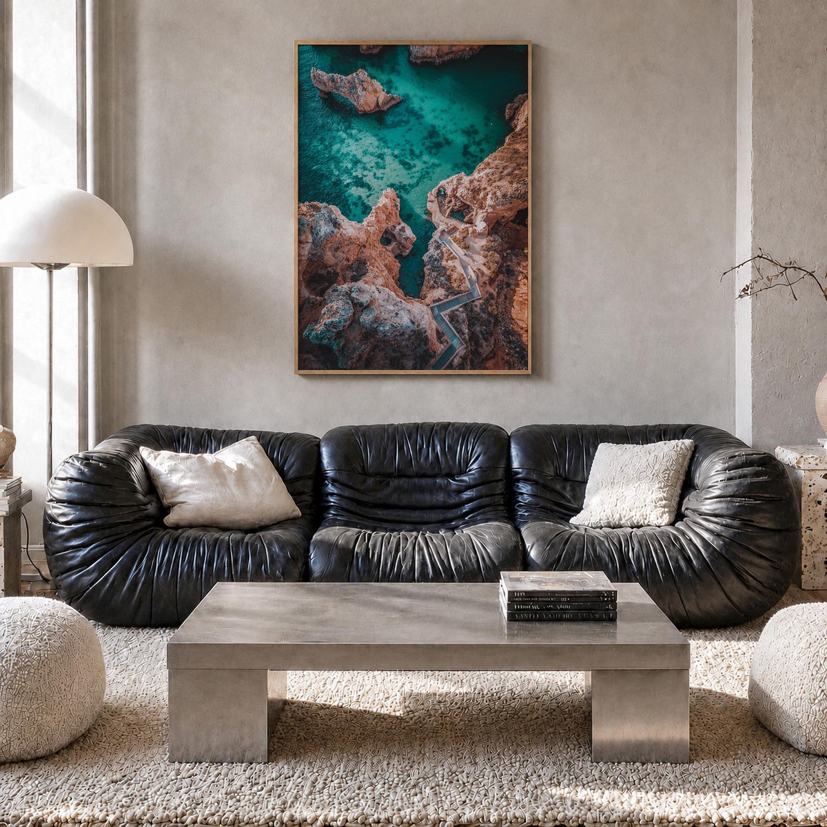 Algarve no. 1 colorful photo poster of Portugal – vertical wall art in natural wood frame, hanging on wall