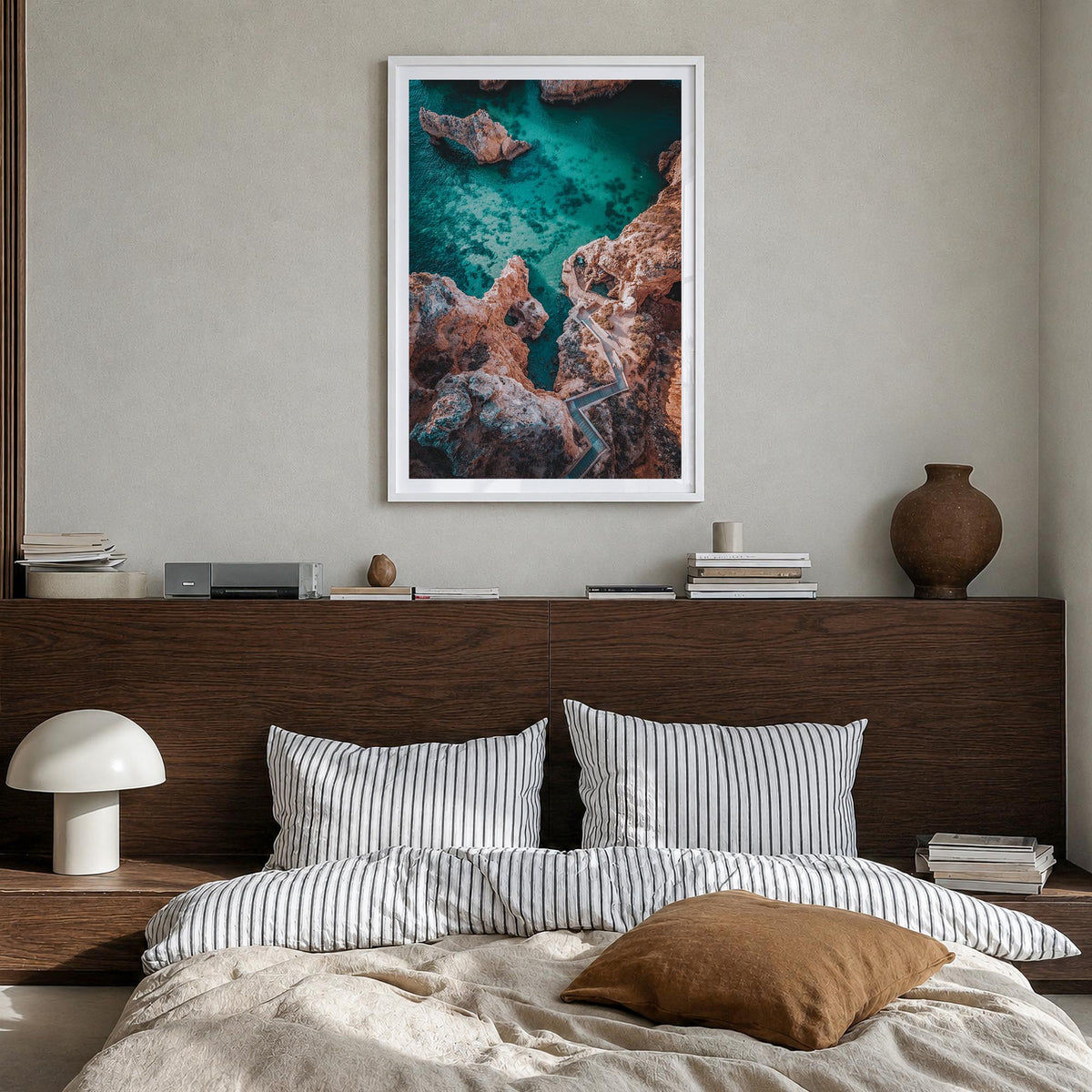Algarve no. 1 colorful photo poster of Portugal – vertical wall art in white wood frame with white border, hanging on wall