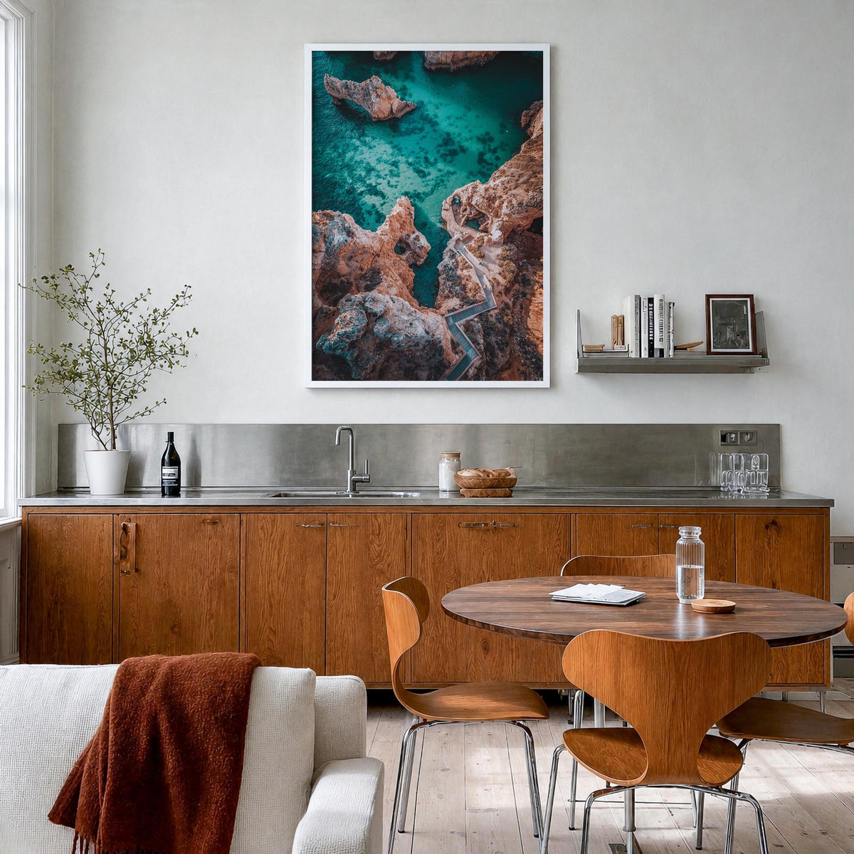 Algarve no. 1 colorful photo poster of Portugal – vertical wall art in white wood frame, hanging on wall