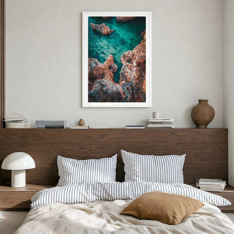 Algarve Photo No 2 Poster in a white wood frame, hanging in a bedroom, white border