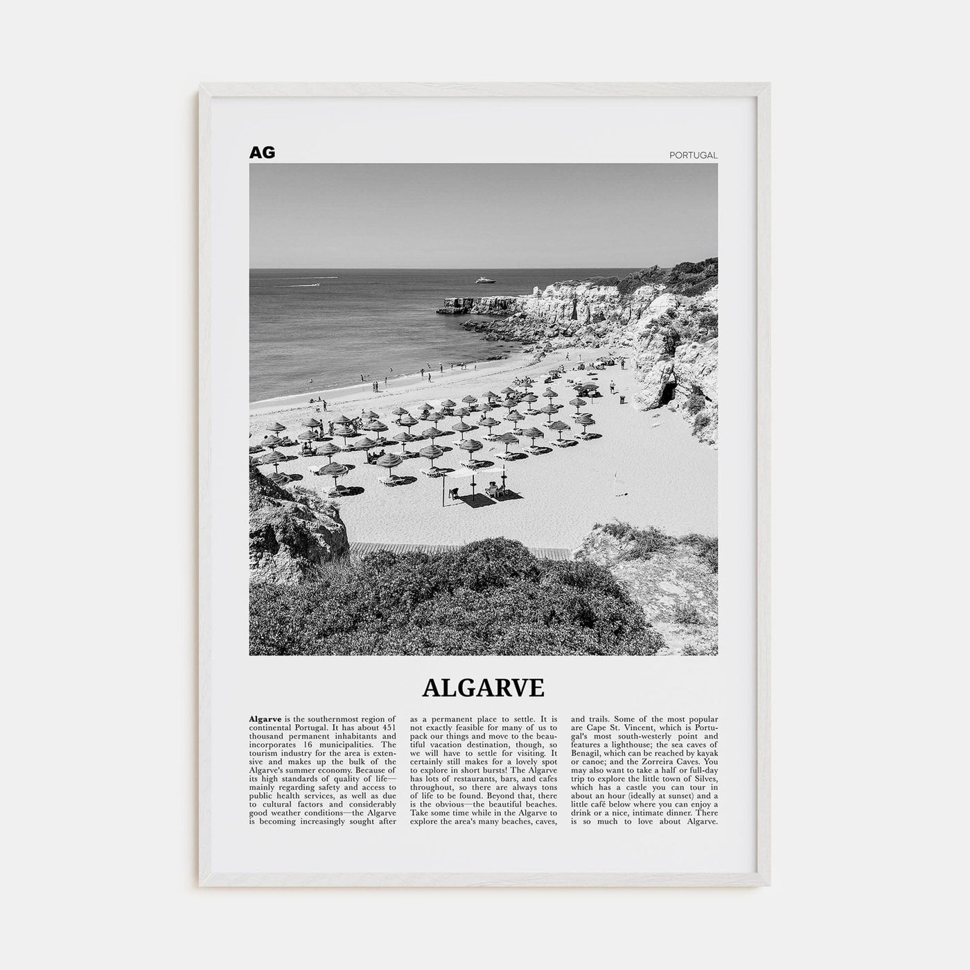 Algarve Poster White Wood / 8x12 in Nbourhood Travel B&W Poster