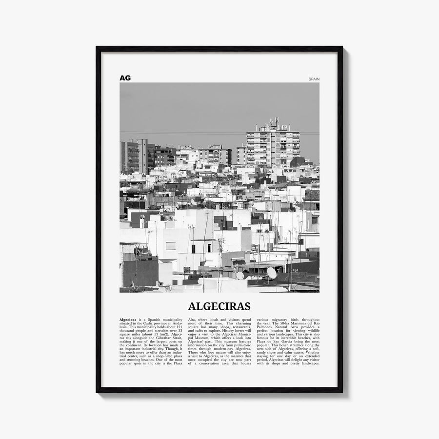 Algeciras black & white newspaper poster of Spain – vertical wall art, unframed print shown in interior mockup