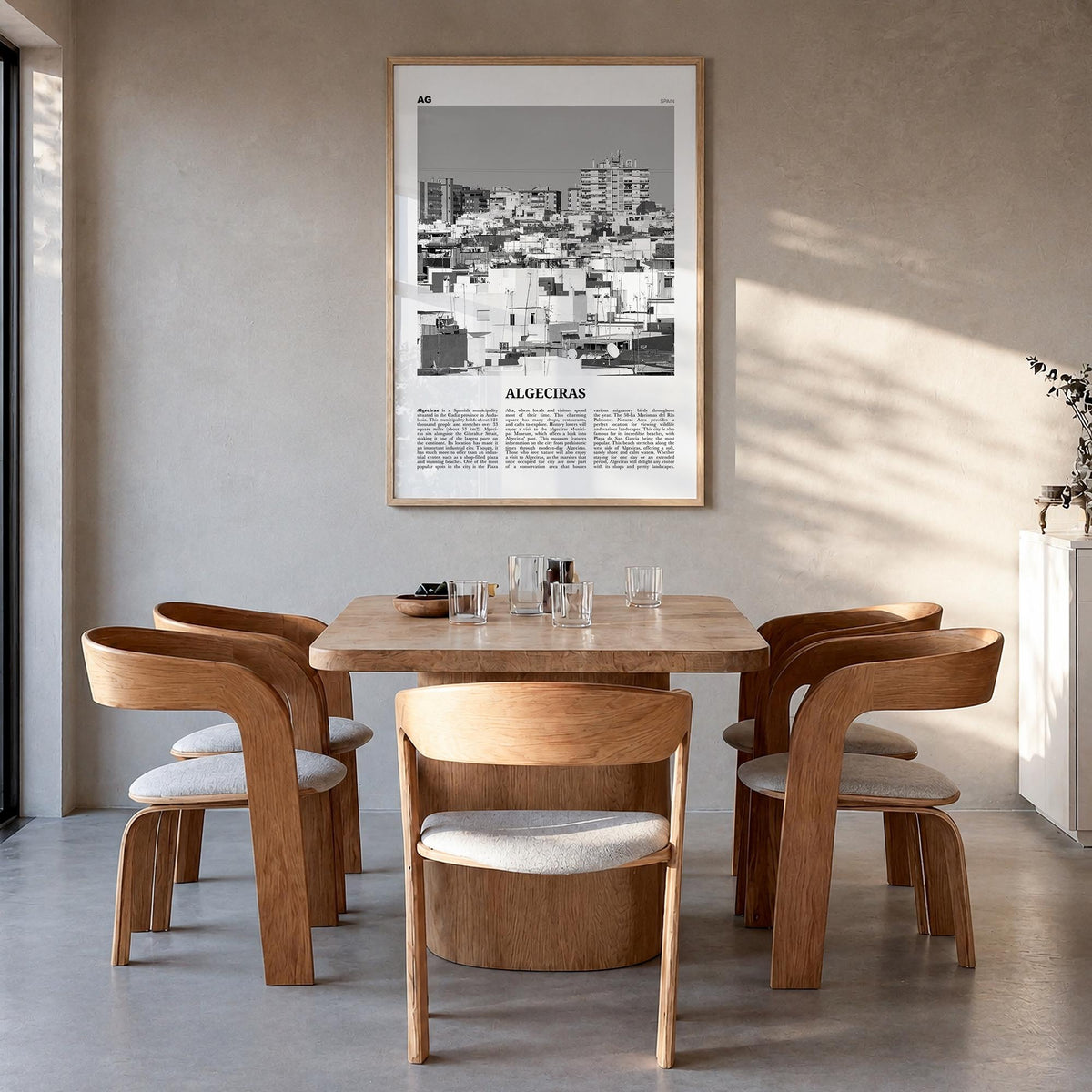 Algeciras black & white newspaper poster of Spain – vertical wall art in natural wood frame, hanging on wall