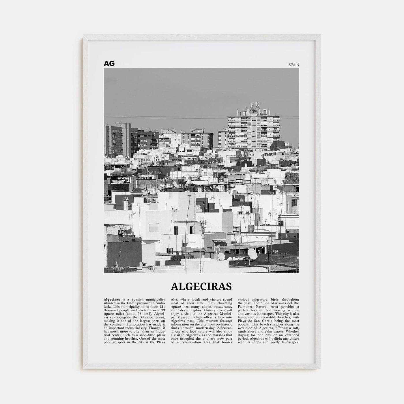 Algeciras Poster White Wood / 8x12 in Nbourhood Travel B&W Poster