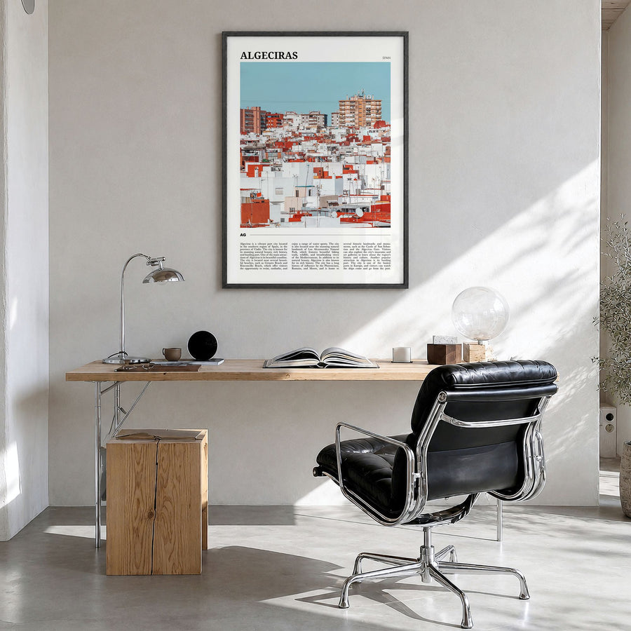 Algeciras Travel Poster in a black wood frame, hanging in a bright home office