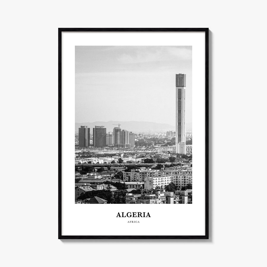 Algeria black & white classic poster of Africa – vertical wall art, unframed print shown in interior mockup