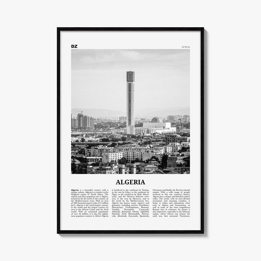 Algeria black & white newspaper poster of Africa – vertical wall art, unframed print shown in interior mockup