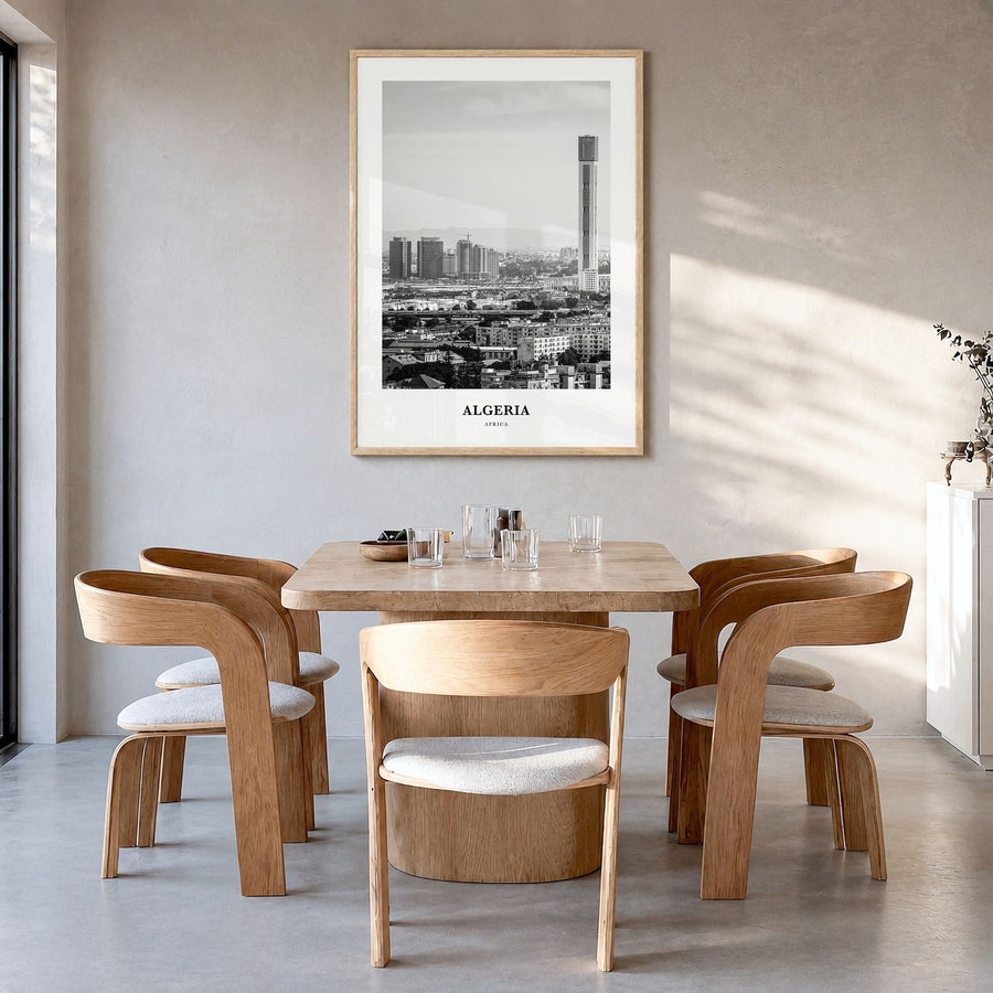 Algeria Classic Poster in a natural wood frame, hanging in a dining room