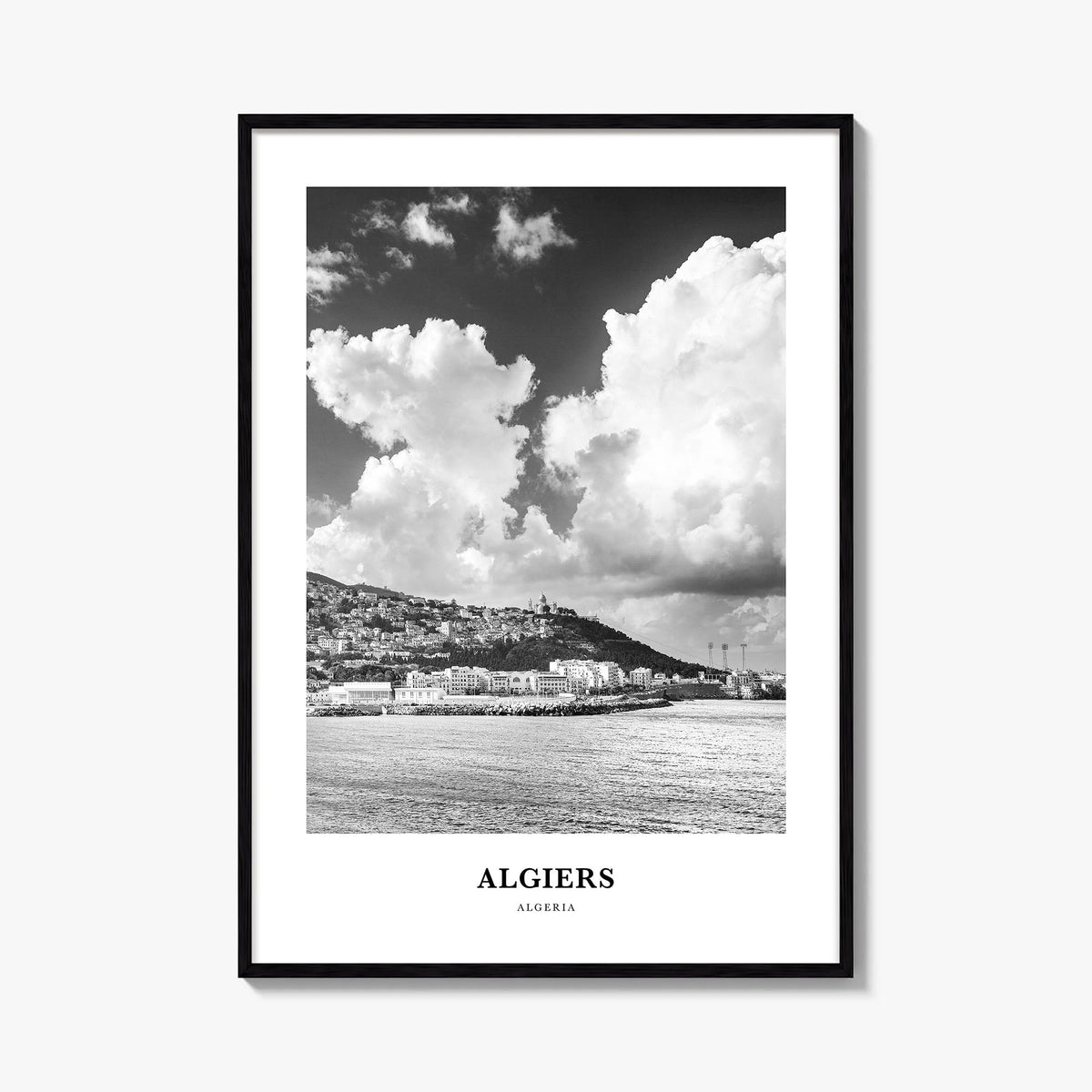 Algiers black & white classic poster of Algeria – vertical wall art, unframed print shown in interior mockup