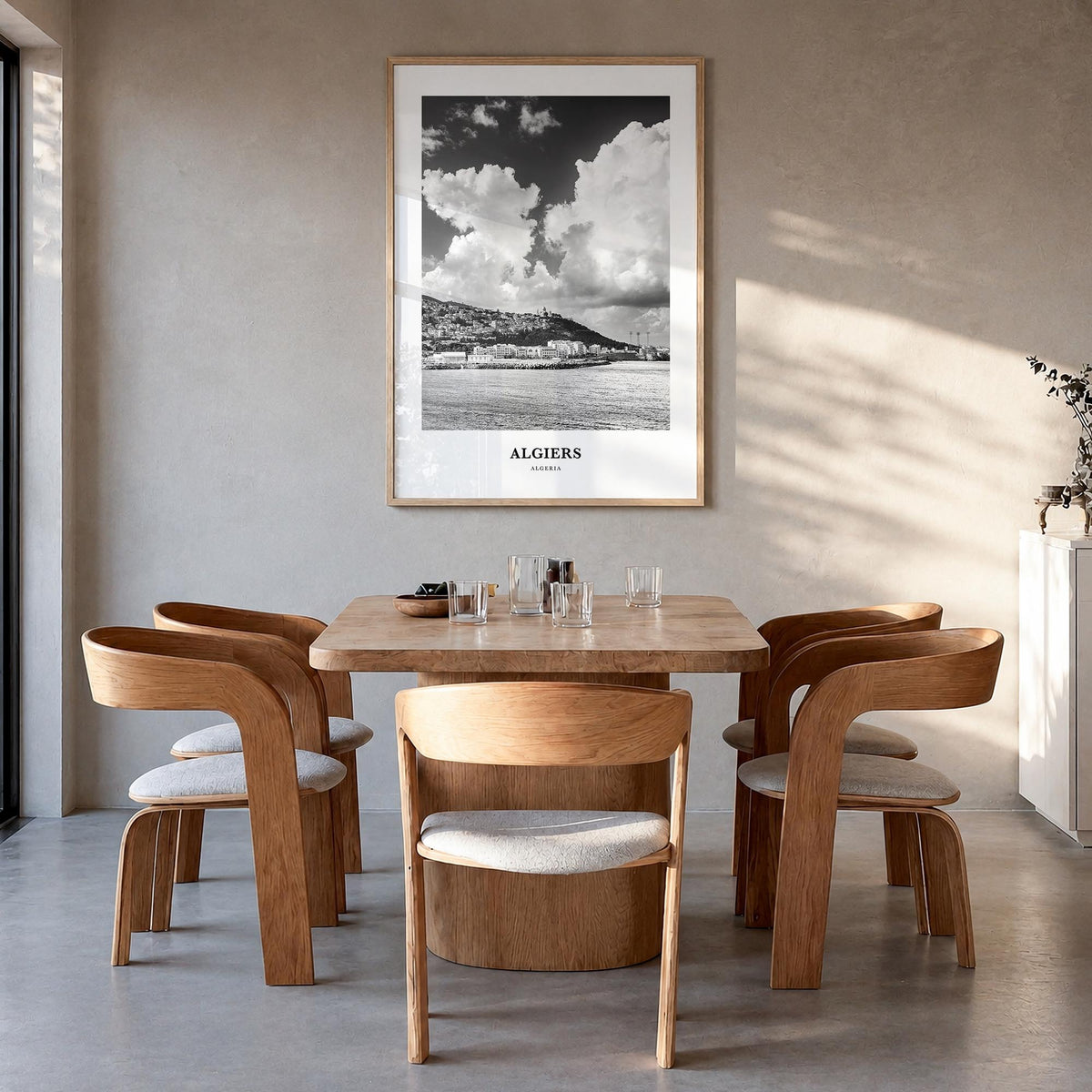 Algiers black & white classic poster of Algeria – vertical wall art in natural wood frame, hanging on wall