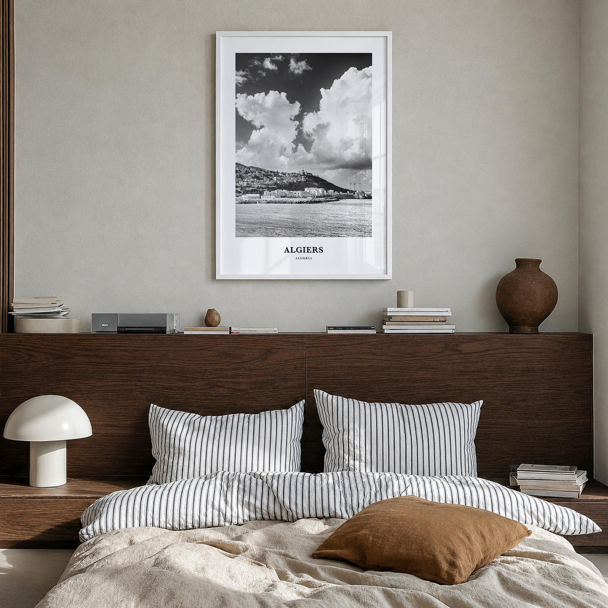 Algiers black & white classic poster of Algeria – vertical wall art in white wood frame, hanging on wall