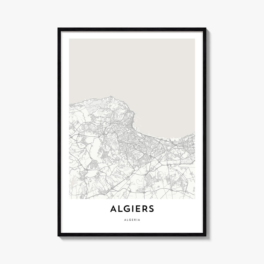 Algiers black & white map poster of Algeria – vertical wall art, unframed print shown in interior mockup
