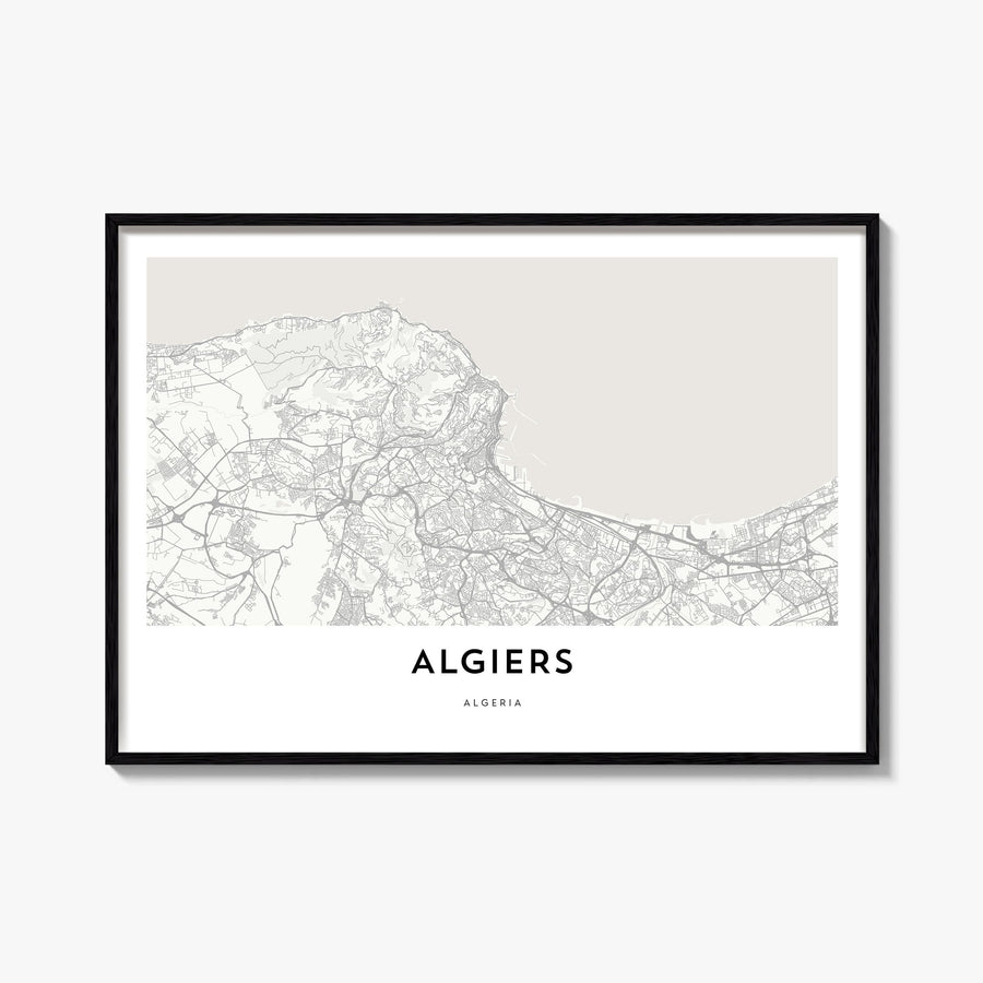 Algiers black & white map poster of Algeria – horizontal wall art, unframed print shown in interior mockup