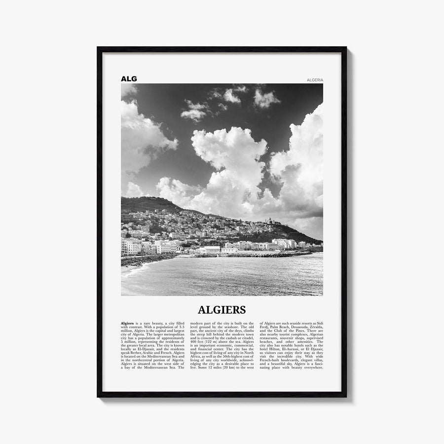 Algiers black & white newspaper poster of Algeria – vertical wall art, unframed print shown in interior mockup