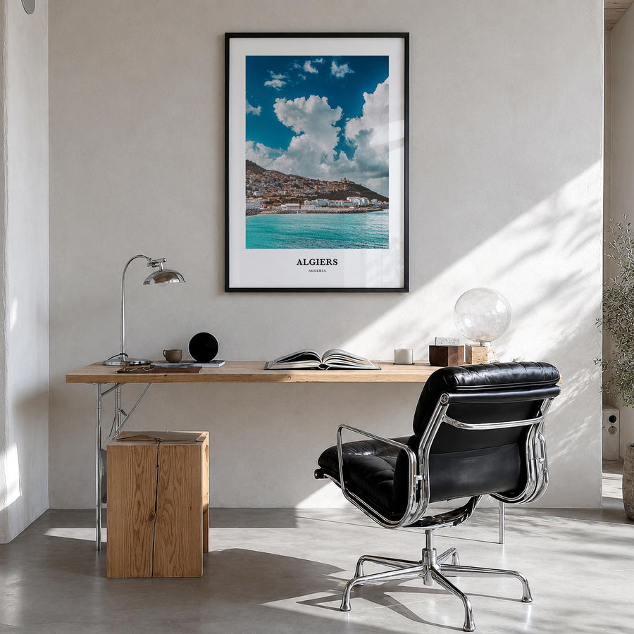 Algiers colorful classic poster of Algeria – vertical wall art in black wood frame, hanging on wall